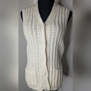 Vtg Handmade Knit Crochet V-Neck Womens White Button Up Sleeveless Cardigan Sz S